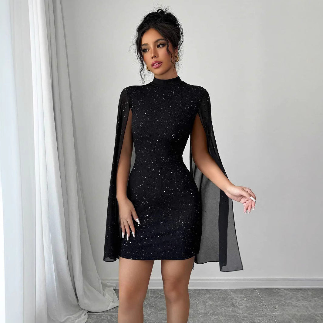 Women’s Elegant Pearl-Embellished Chiffon Cape Sleeve Wrap Evening Dress